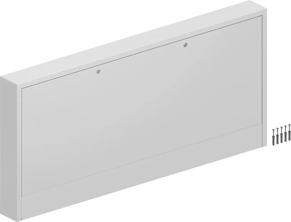 Weißer Verteilerschrank von Uponor mit zwei Befestigungslöchern. Neben dem Schrank befinden sich mehrere Schrauben zur Montage.